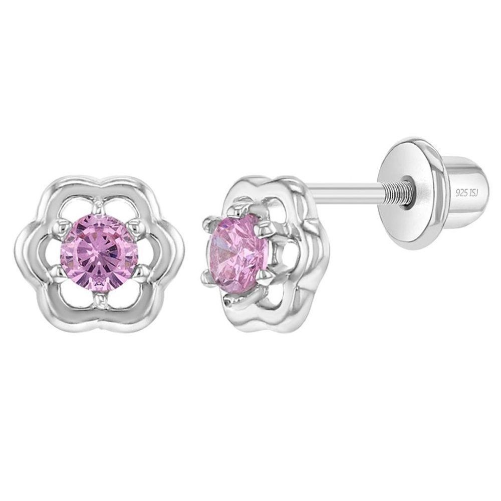 925 Sterling Silver Cubic Zirconia Beautiful Flower Screw Back Earrings